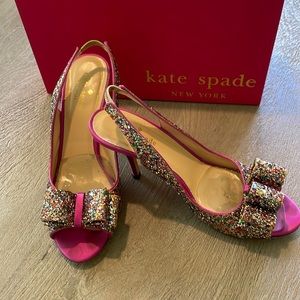 Kate Spade CHARM multi-sparkle glitter, hot pink satin, 7 1/2 M